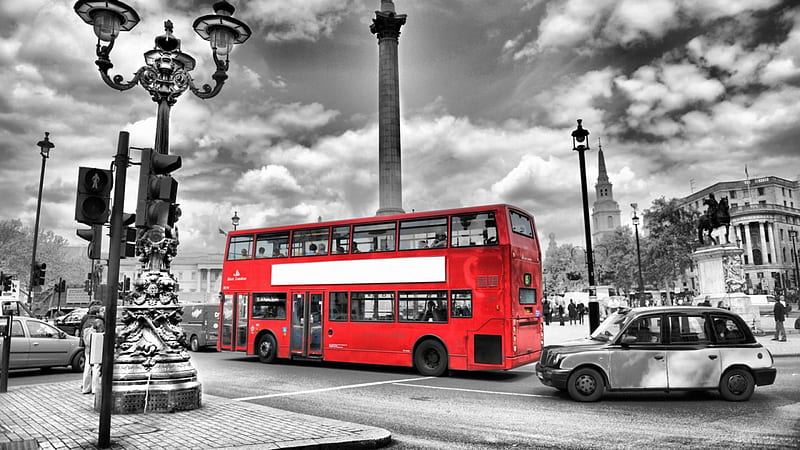 red london bus in black and white, red, city, traffic, black and white, street, bus, HD wallpaper