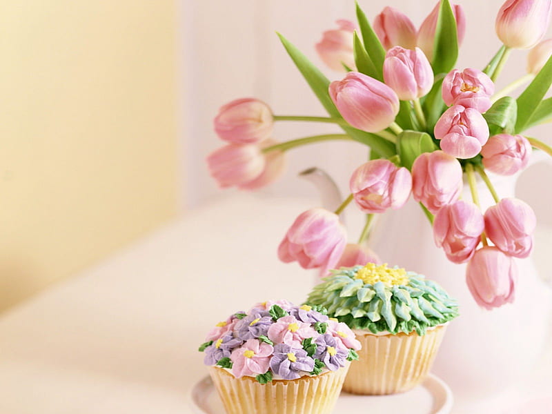 Easter morning , colorful, warm, home, sweet, flowers, tulips, cakes, pastel, light, HD wallpaper