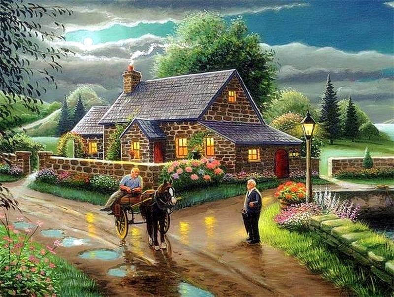 LAKESIDE COTTAGE, lakeside, paintings, houses, love four seasons, nature, spring, attractions in dreams, lake, HD wallpaper