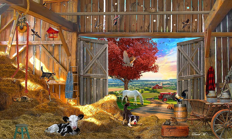 Barn Life, Barn, building, farm, Hay, digital, Pasture, Autumn, animals, Scenic, HD wallpaper