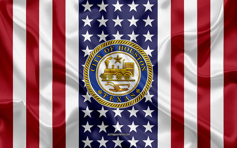Houston Seal silk texture, American Flag, USA, Houston, Texas, American City, Seal of the Houston, silk flag, HD wallpaper