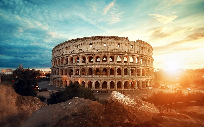 Coliseum sunset, Flavian Amphitheatre, italian landmarks, Colosseum, Rome, Italy, Europe, HD wallpaper