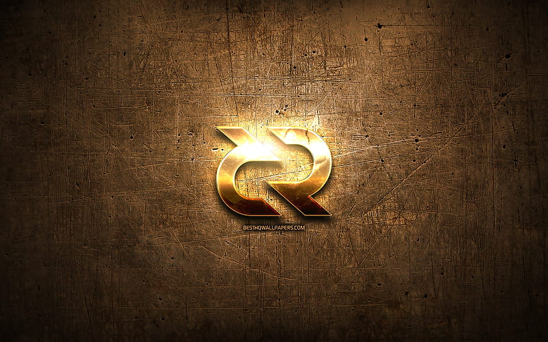 Decred golden logo, cryptocurrency, brown metal background, creative, Decred logo, cryptocurrency signs, Decred, HD wallpaper