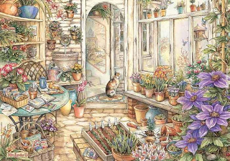 Cat near the conservatory., house, pot plant, flower, conservatory, cat, HD wallpaper