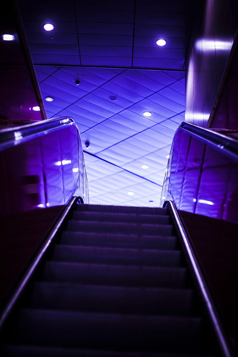 escalator, stairs, lights, purple, HD phone wallpaper