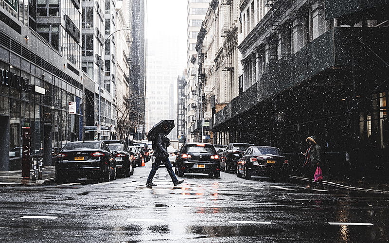 New York, morning, Manhattan, winter, rain, buildings, New York cityscape, NYC, USA, HD wallpaper