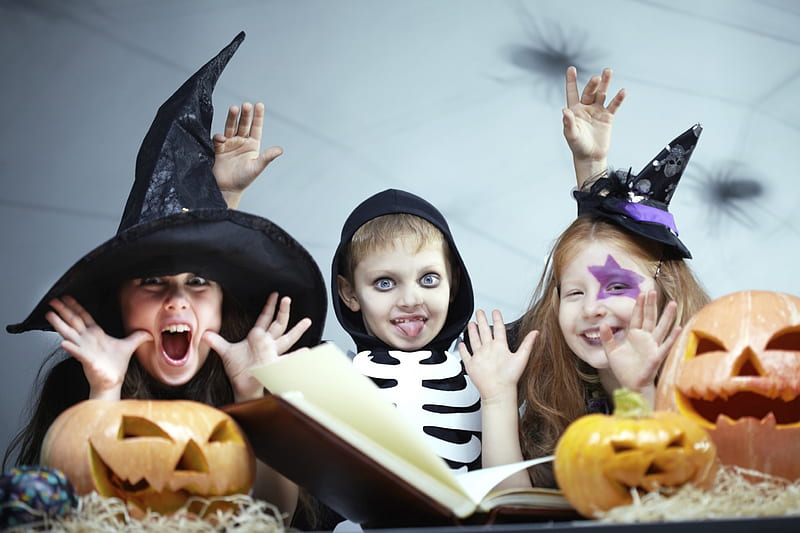 Happy Halloween!, witch, copii, skeleton, halloween, dovleac, children ...