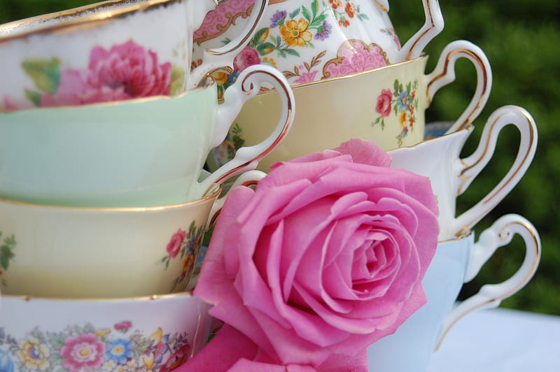 •✿• Floral Teacups •✿•, pretty, table, lovely, moments, ceramic, rose, bonito, sweet, girly, teacups, love, siempre, flower, garden, nature, pink, HD wallpaper