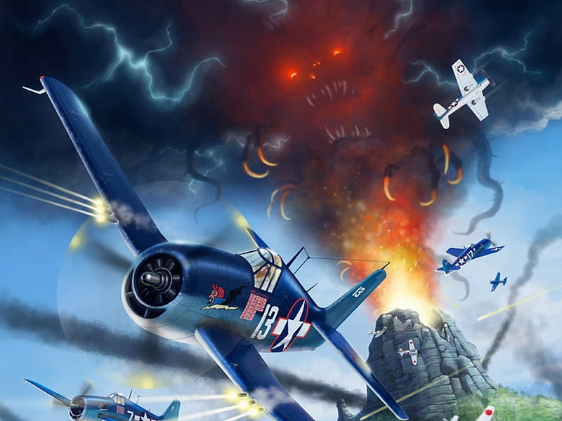 dog fight, firing, blue sky, smoke, planes, volcanoe, HD wallpaper