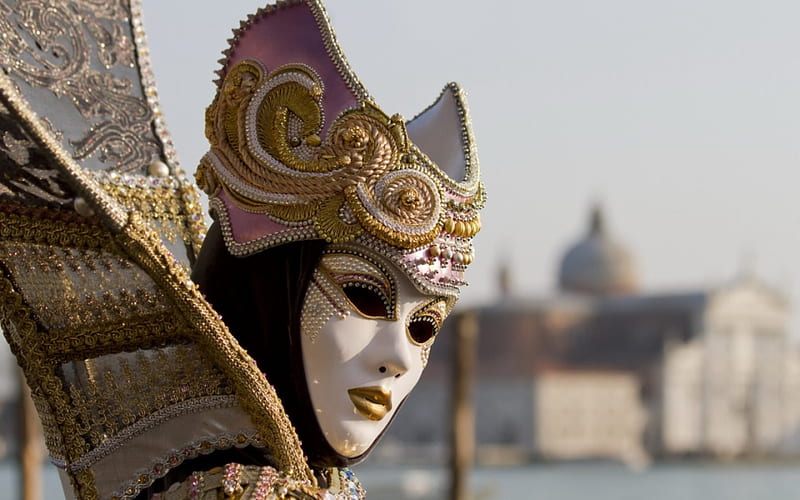 Venice Carnival, carnival, girl, glitter, golden, venice, mask, pink, HD wallpaper