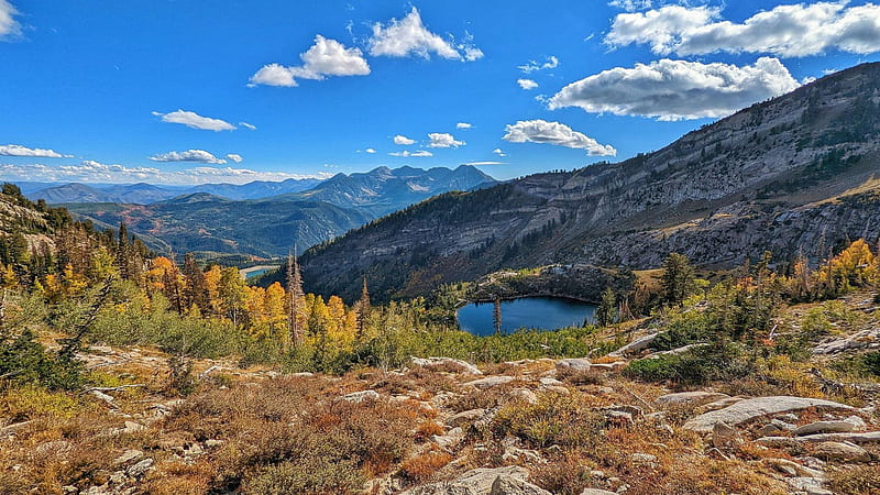 Lone Peak Wilderness, Utah, colors, clouds, landscape, autumn, trees, sky, forest, usa, fall, HD wallpaper