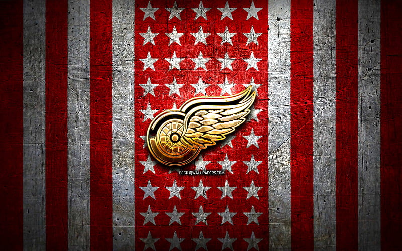 Detroit Red Wings flag, NHL, red white metal background, american hockey team, Detroit Red Wings logo, USA, hockey, golden logo, Detroit Red Wings, HD wallpaper