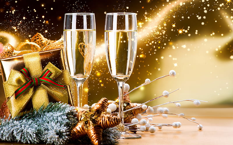 glasses of champagne gift boxes, Happy New Year, bright lights, xmas decorations, champagne, Merry Christmas, HD wallpaper