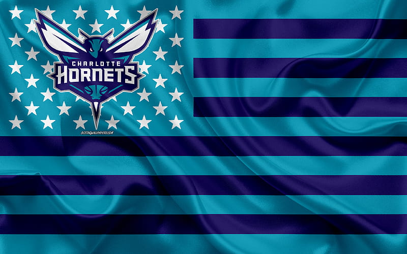 Charlotte Hornets, American flag club, American creative flag, blue flag, NBA, Charlotte, North Carolina, USA, logo, emblem, silk flag, National Basketball Association, basketball, HD wallpaper