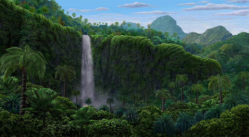 Green Mountains, fantasy, mountains, jungle, waterfall, abstract, HD wallpaper