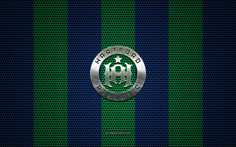 Hartford Athletic logo, American soccer club, metal emblem, green-blue metal mesh background, Hartford Athletic, USL, Hartford, Connecticut, USA, soccer, HD wallpaper