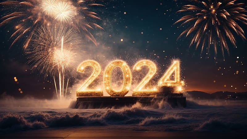 Happy New Year!, fireworks, craciun, yellow, christmas, 2024, noght, card, new year, night, HD wallpaper