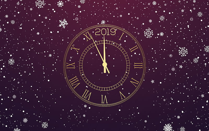 Happy New Year, midnight, time, golden clock, purple 2019 background, 2019 concepts, HD wallpaper