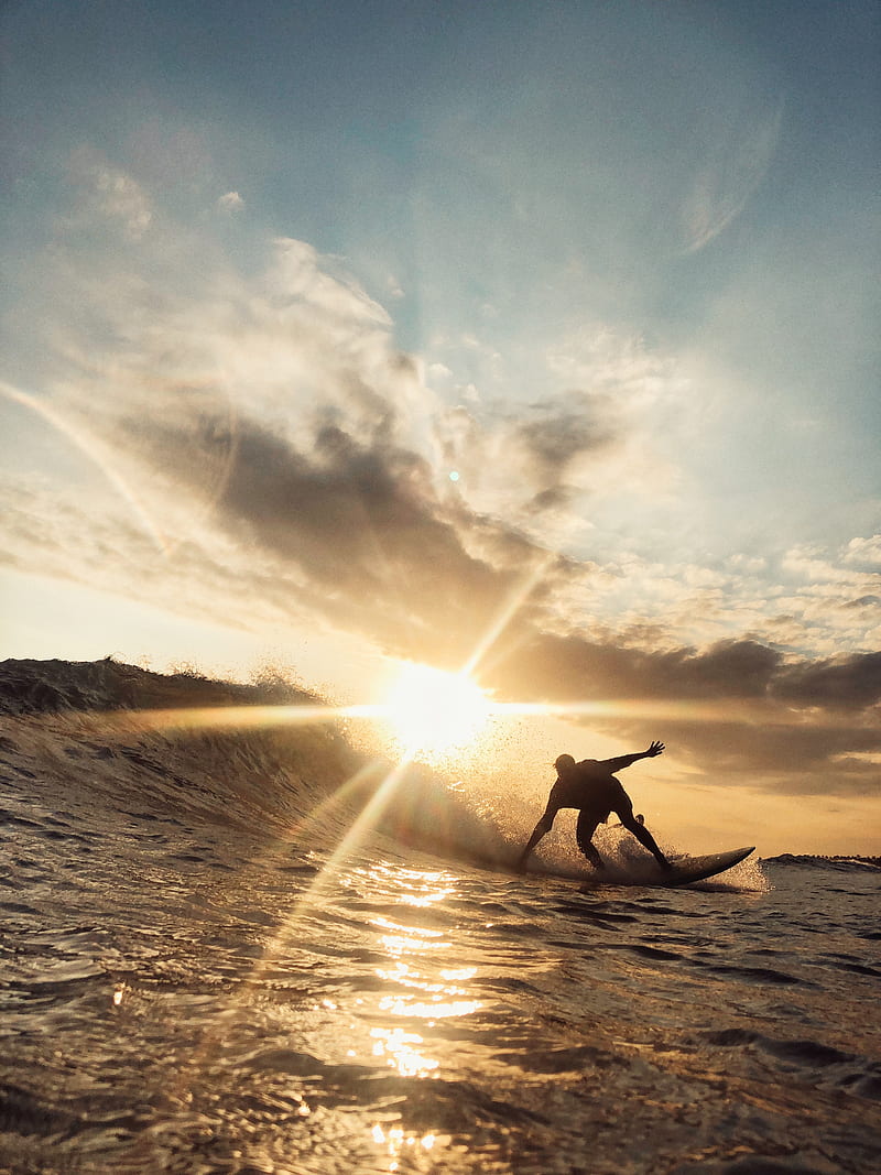 surfer, wave, sun, ocean, sunlight, glare, HD phone wallpaper
