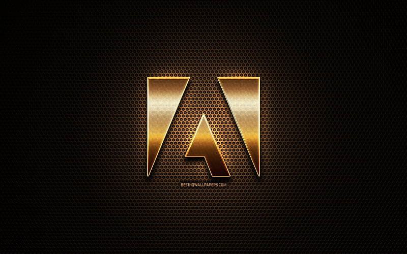 Adobe glitter logo, creative, metal grid background, Adobe logo, brands, Adobe, HD wallpaper