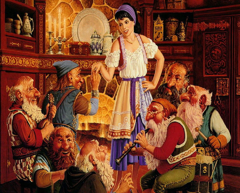 Snow White and the Seven Dwarfs, Fairytale, Flute, Dwafs, Woman, Fire, HD wallpaper