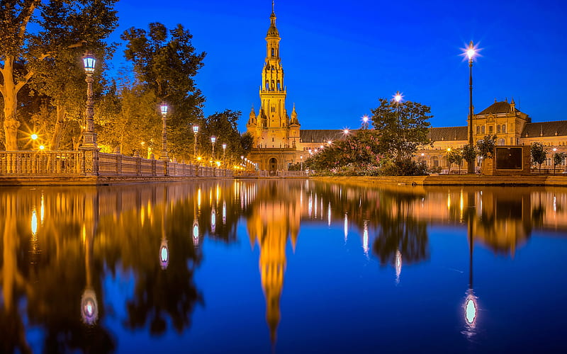 Spain Square, Maria Luisa Park, nighscapes, Seville, Andalusia, Spain, Europe, spanish cities, HD wallpaper