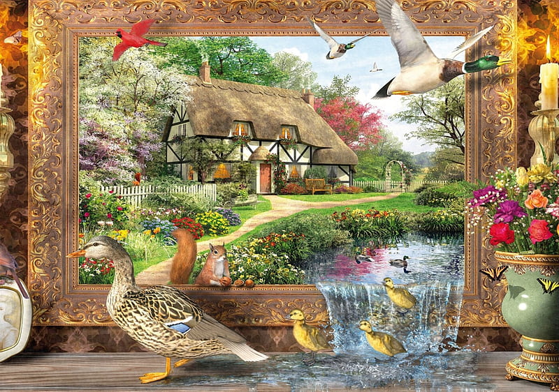 Lookout, pond, house, window, duck, painting, trees, artwork, landscape, HD wallpaper
