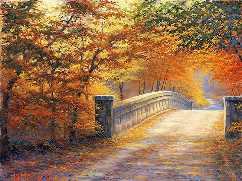 Autumn Bridge F2mp, forest, art, autumn, woods, colors, trees, bridge, painting, charles white, white, HD wallpaper