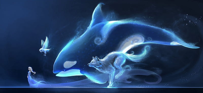 Elsa and her pets, luminos, elsa, animal, spirit, fantasy, bird, whale,  snow queen, HD wallpaper | Peakpx