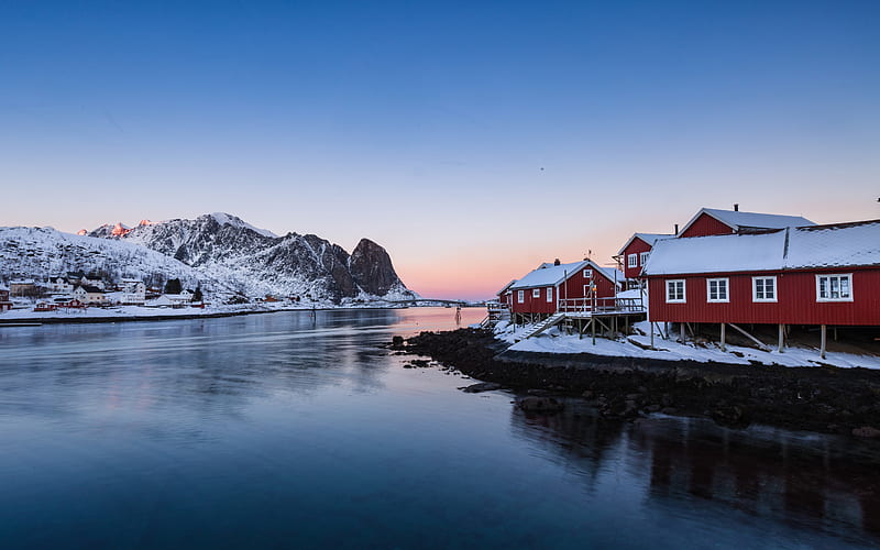 Fjord Winter Red house 2021 Norway, HD wallpaper