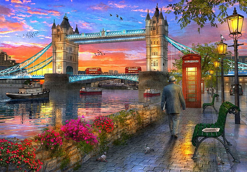 Tower Bridge Sunset, thames, london, england, bench, flowers, river, man, artwork, digital, HD wallpaper