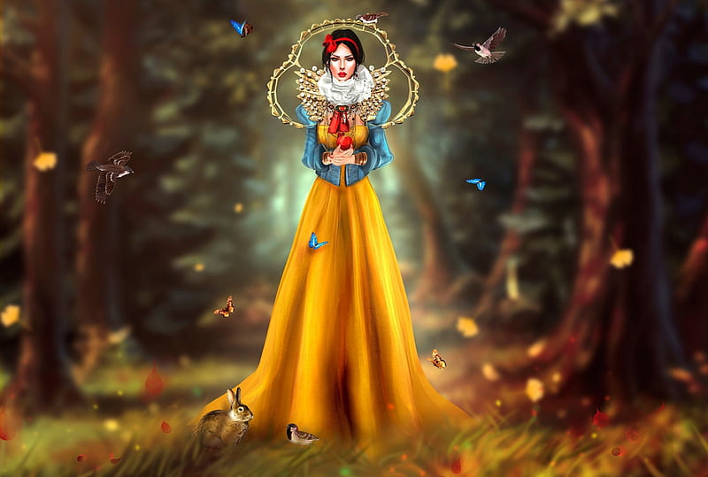 Snow White, apple, red, forest, woods, yellow, woman, fruit, fantasy, girl, rendering, blue, HD wallpaper