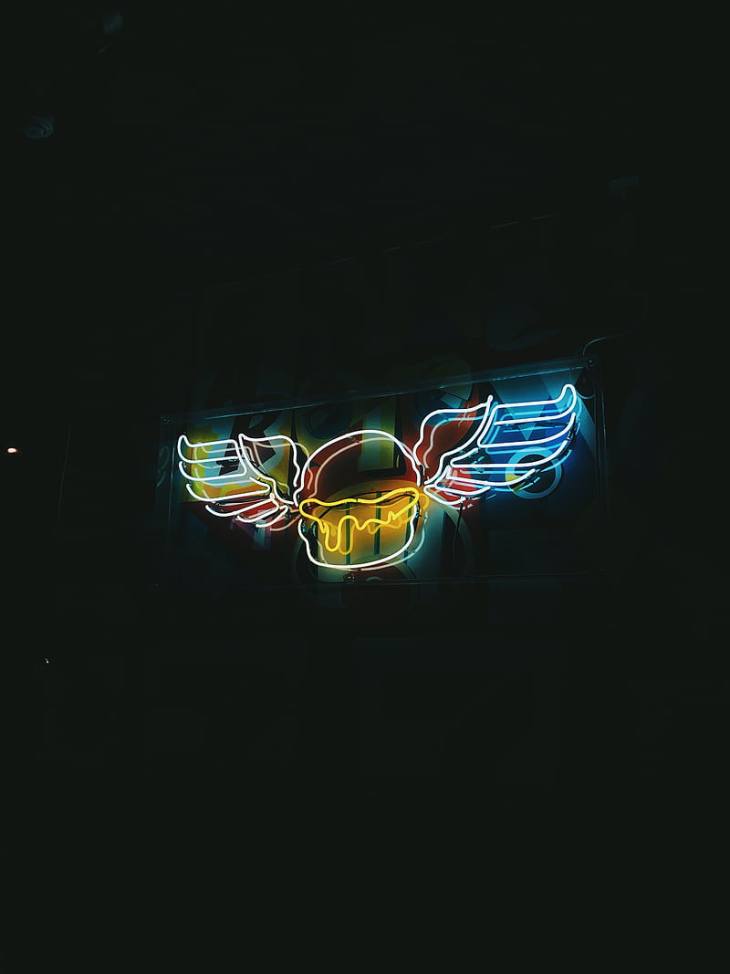 sign, wings, neon, backlight, night, HD phone wallpaper