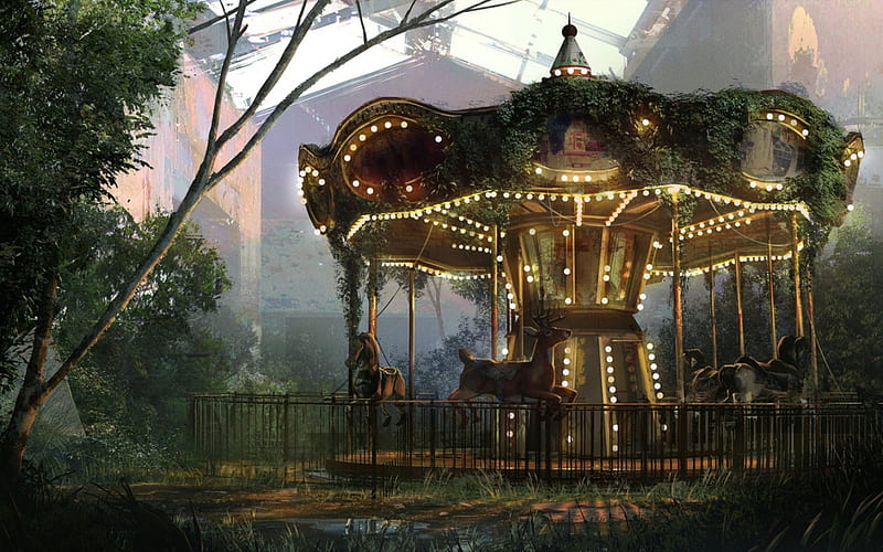 Carousel, fantasy, the last of us, luminos, game, park, deer, HD wallpaper