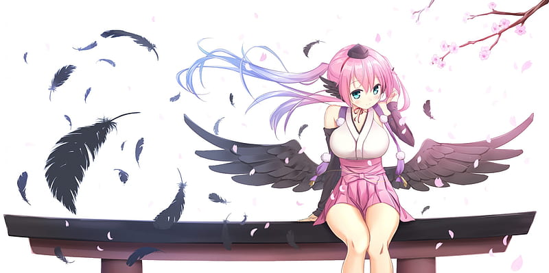 Black Feather, pretty, flow, cg, wing, sweet, cherry blossom, nice, anime, feather, blowing, beauty, anime girl, long hair, sakura, wings, lovely, wind, sexy, pertals, windy, white, cherry, sakura blossom, bonito, hot, pink, female, blow, plain, girl, flowing, blossm, flower, simple, pink hair, HD wallpaper