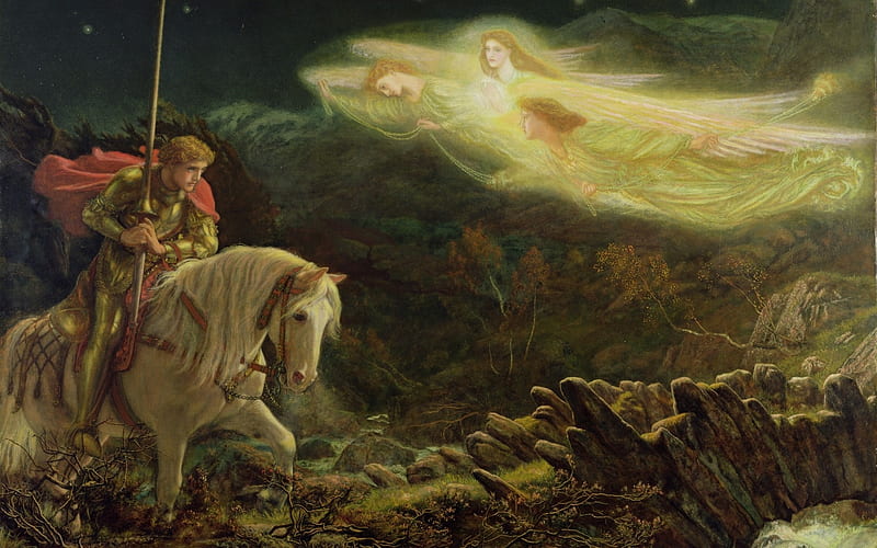 Sir Galahad in search of the Holy Grail, horse, art, angel, painting, man, galahad, arthur hughes, HD wallpaper
