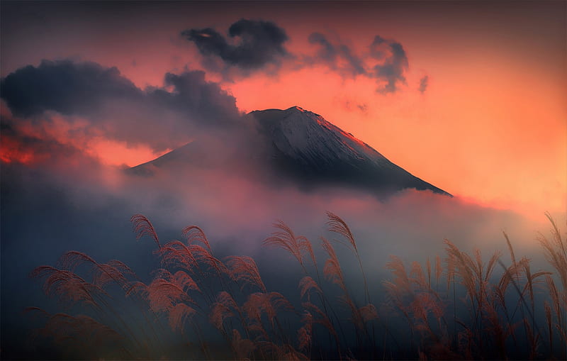mount fuji, japan, sunset, clouds, scenery, Landscape, HD wallpaper