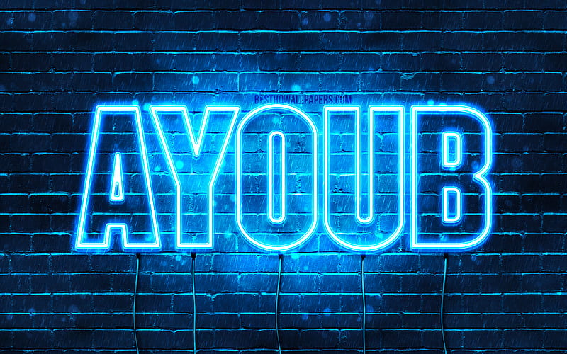 Ayoub with names, Ayoub name, blue neon lights, Happy Birtay Ayoub, popular french male names, with Ayoub name, HD wallpaper