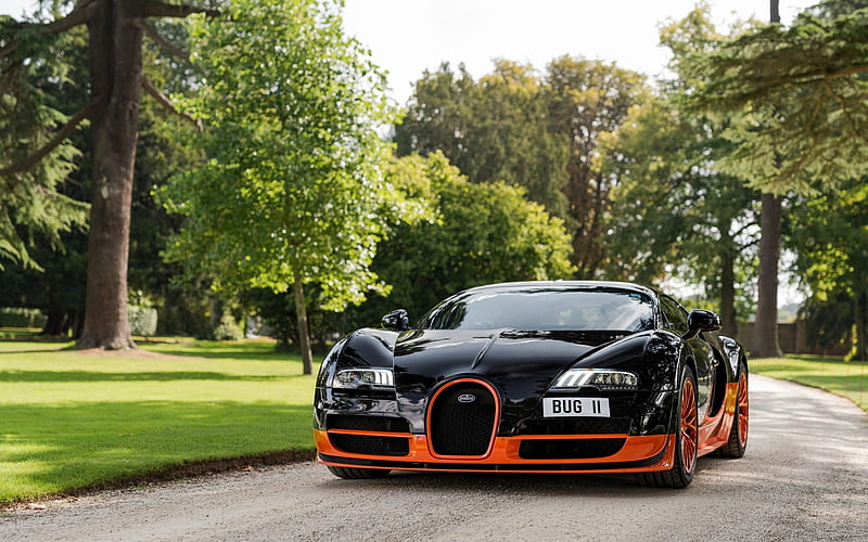 Bugatti Veyron, hypercar, black orange Veyron, sports cars, Bugatti, HD wallpaper