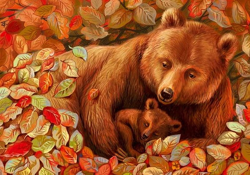 Mama bear & cub, bear, cute, fantasy, animal, HD wallpaper