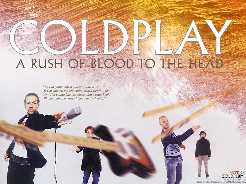 Rush of Blood to the Head - Coldplay, coldplay, ornage, music, band, drum sticks, lyrics, microphone, rush of blood to the head, guitar, instruments, chris martin, HD wallpaper