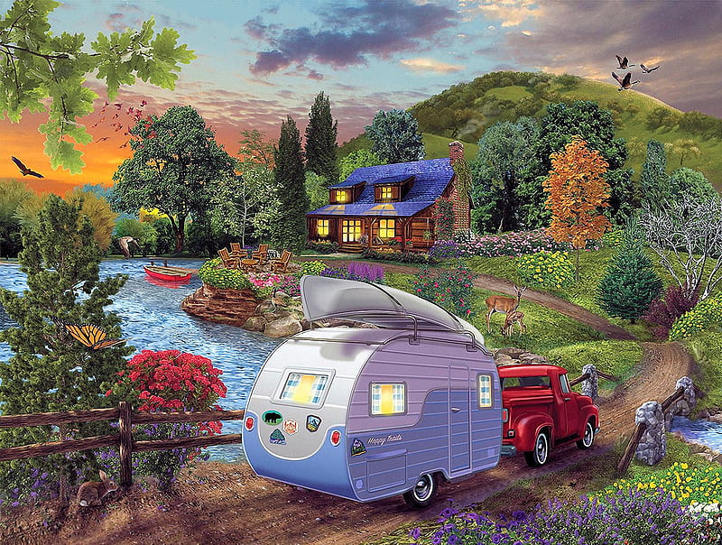 Campers Coming Home, sunset, river, trees, caravan, autumn, cabin, artwork, bridge, car, digital, HD wallpaper