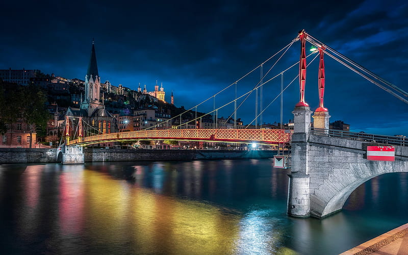 Lyon, evening, river, bridge, cityscape, city lights, France, HD wallpaper