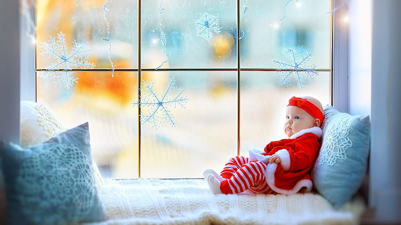 Cute Baby Child Is Wearing Santa Claus Dress Sitting On White Cloth Near Glass Window Cute, HD wallpaper