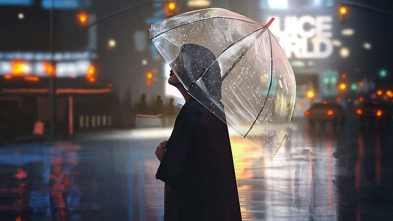 Girl Enjoying First Rain , girl, alone, umbrella, rain, artist, artwork, digital-art, HD wallpaper