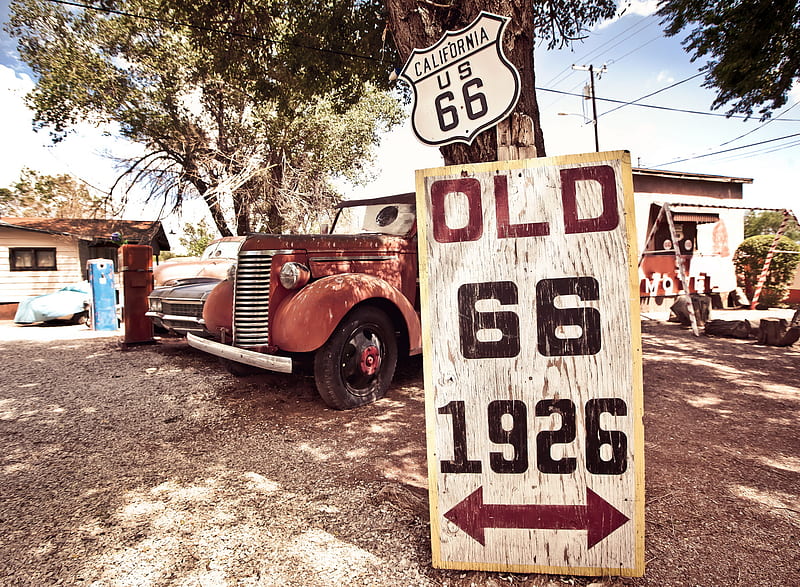 Us 66, america, california, car, desert, retro, route 66, signs, vintage, HD wallpaper