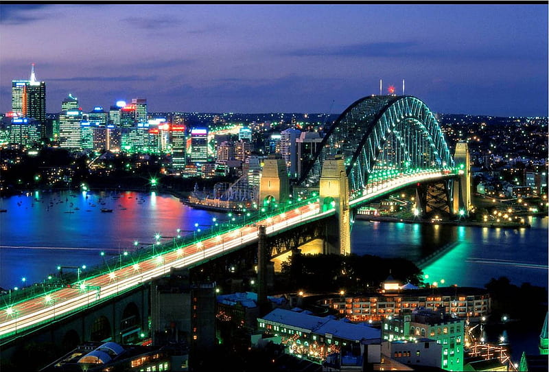 Sydney Harbour Bridge, city, night lights, buildings, australia, HD wallpaper