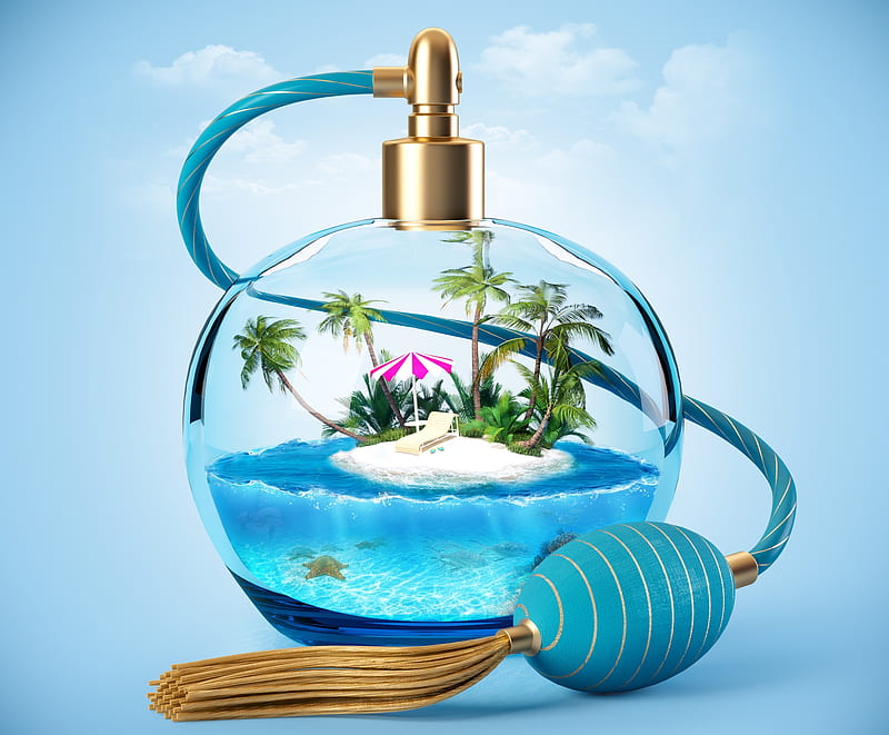 Island perfume, perfume, luminos, bottle, creative, sea, fantasy, water, summer, island, palm tree, HD wallpaper