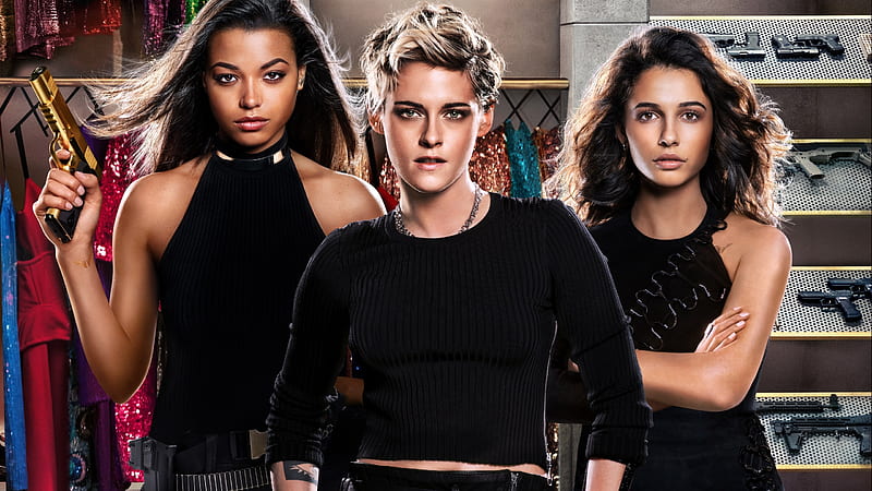 Charlie's Angels (2019), charlies angels, movie, actress, girl, trio, black, poster, Kristen Stewart, Naomi Scott, ella balinska, HD wallpaper