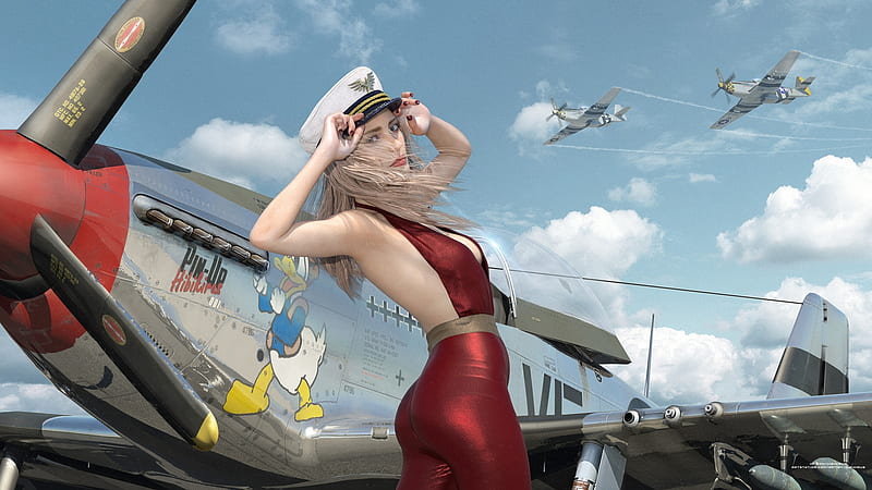 Pin-up, girl, wind, fantasy, airplane, pin up, dima hibikirus 